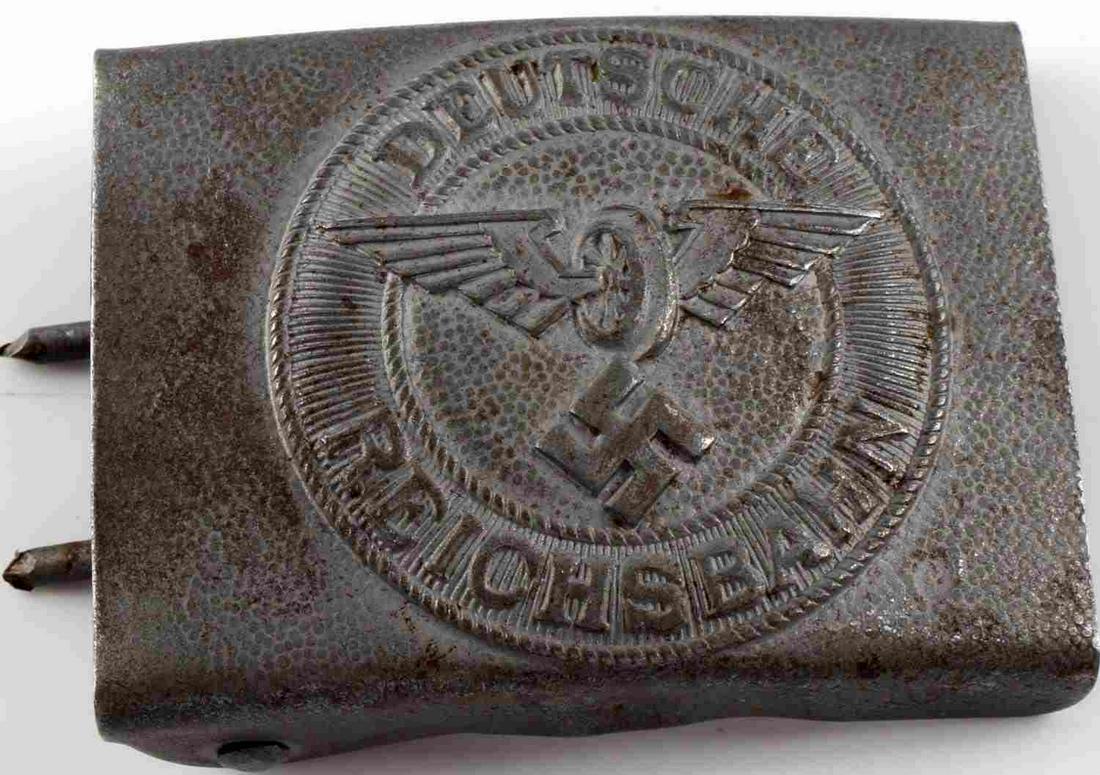 WWII GERMAN THIRD REICH REICHSBAHN RAILWAY BUCKLE: WWII German third Reich Reichsbahn railway belt buckle, design is hollow-stamped on reverse and sports two prongs. In good condition. Unauthenticated, sold as is.