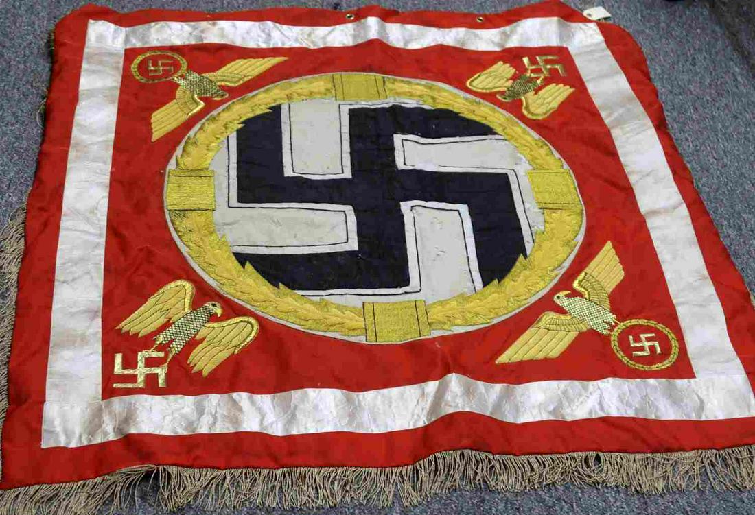 WWII GERMAN THIRD REICH GOLD STANDARTE FLAG: Third Reich Standarte flag with Gold bullion curls. Measures approx. 48x48 inches. Very good condition with some dirt and minor rips. along white border. Unauthenticated, sold as is.