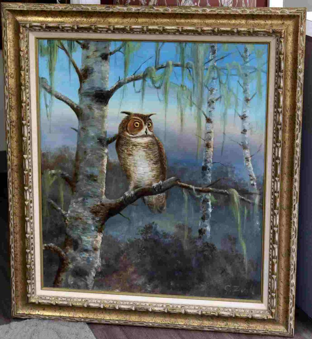 GERHARD ZANK ORIGINAL PAINTING OF AN EAGLE OWL: Gerhard Zank (b. 1937) in Pomerania, Germany, Postwar & Contemporary artist, known for his wildlife paintings. Realist painting of Eurasian Eagle Owl, Uhu, set amongst birch trees measures 28x32 inche