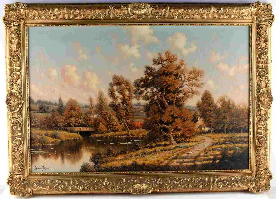 GEORGE W DREW ORIGINAL PASTORAL OIL PAINTING: George W. Drew (1875-1968)American, listed New York artist. Early 20th century pastoral oil painting, original, signed lower left. In very good condition set in a gilded carved wood frame. Framed dime