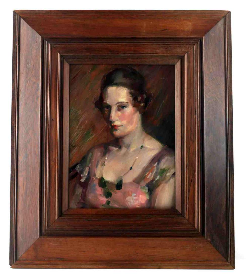 RUTH PAYNE BURGESS PORTRAIT OIL PAINTING: Ruth Payne Burgess (American, 1865-1934), oil on canvas board, executed with confident strokes in a muted thalo green, burnt umber and rose palette, in very good condition. Set in an antique hardwood 
