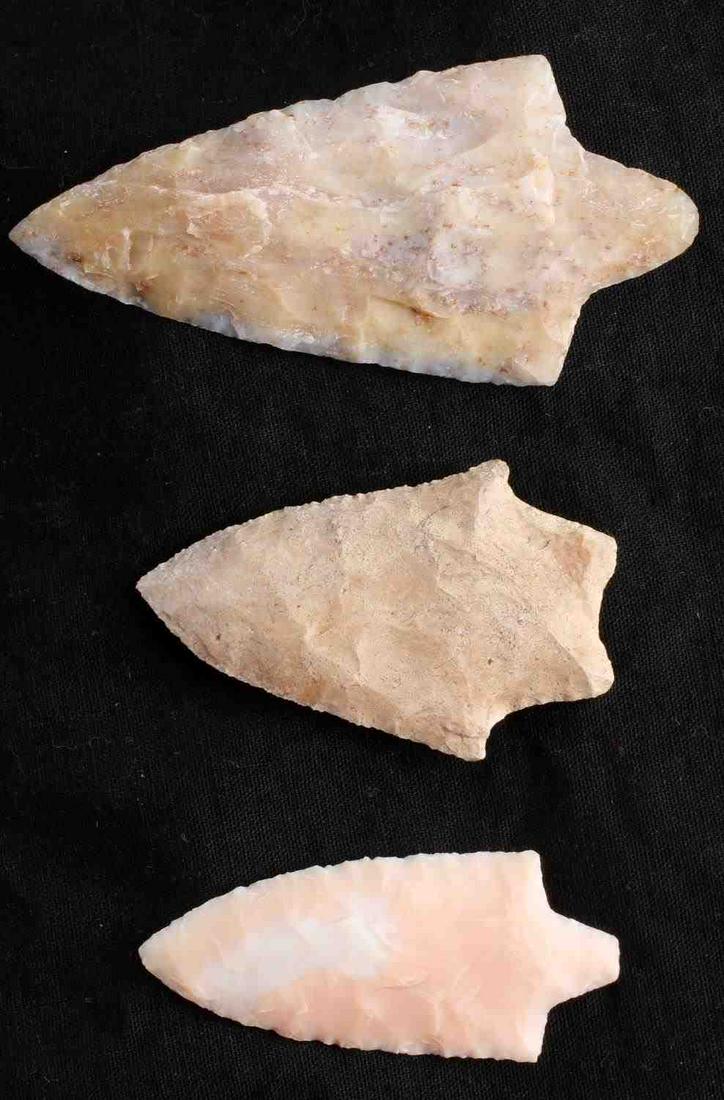 3 NATIVE AMERICAN GEORGIA FLORIDA NEWNAN ARROWHEAD: North Florida and Newnan Georgia found. Coral and flint made. Good patination. Measure 2 1/4 -3 1/4 inches. From a private collection.