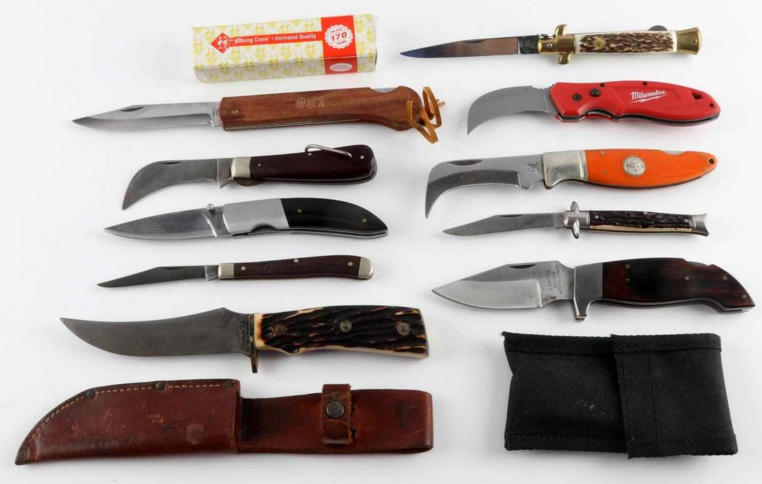 LOT OF 10 VINTAGE FOLDING POCKET KNIVES KNIFE LOT: Includes: L00 stainless, Milwaukee curved blade, M Klein & Sons curved blade, Kissing Crane KC 46 with box, Magnum with Damascus blade, Colonial, Boker Solingen, Rough Rider with curved blade, Lakota