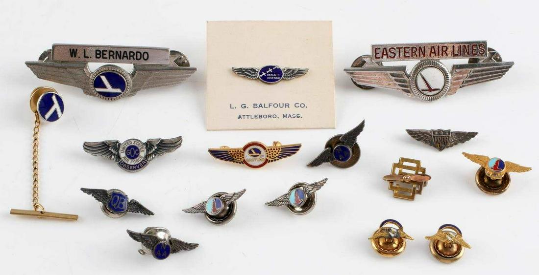 LOT OF EASTERN AIRLINES STERLING WINGS 10K GOLD: Includes named flight crew wings and a sterling crew wings, 2 1/2 inches each, 3 early /34 inch lapel wings, 2 in sterling one in10k gold, other Eastern pins and other airline lapel pins, all very goo