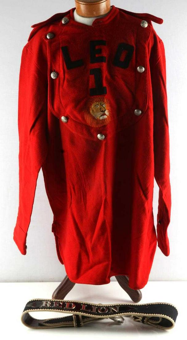 ANTIQUE FIREMAN UNIFORM CONVERTED TO BASEBALL: Early 20th century atypical firefighter shirt with FD buttons in the typical pattern, has Red Lion belt and lion head patch suggesting a baseball jersey, small size with light mothing
