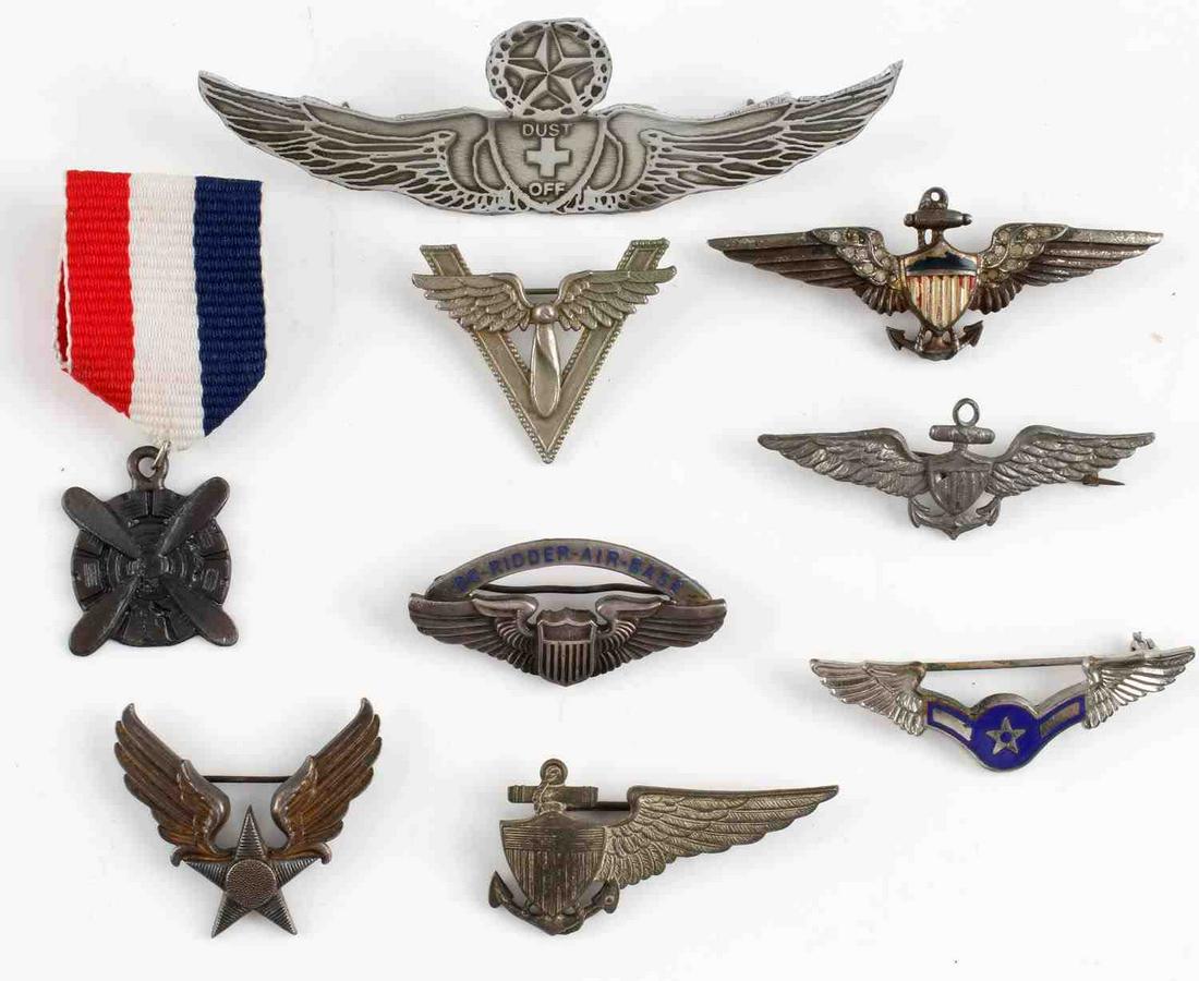 WWII TO VIETNAM SWEETHEART BADGES STERLING TRIFARI: 8 Badges in all including a Trifari sterling USN pilot missing 3 stones, a Deridder Air Base sterling 1 1/2 inch wings, sterling Army Air Corp badge and other aviation related badges as photographed.