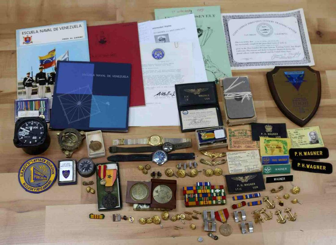 USN LIEUTENANT PAUL HELMUT WAGNER ARCHIVE LOT: Paul Helmut Wagner, US Navy (1968-1979). Distinguished Flying Cross 3 times, 12 air medals, Navy Commendation Medal for Valor. Lot includes his photo, medals won, watches, Konwal lighter, ID card, sch