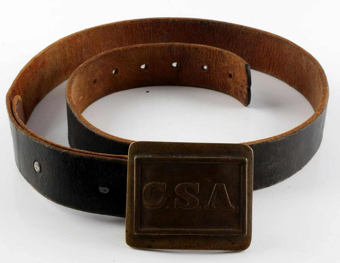CIVIL WAR OR REUNION ERA CSA BELT & BUCKLE: Confederate States of America "CSA" belt buckle with leather belt. Belt buckle measures 3 1/16 inches wide by 2 1/2 inches tall. In very good condition considering its definite old age. Likely a perio