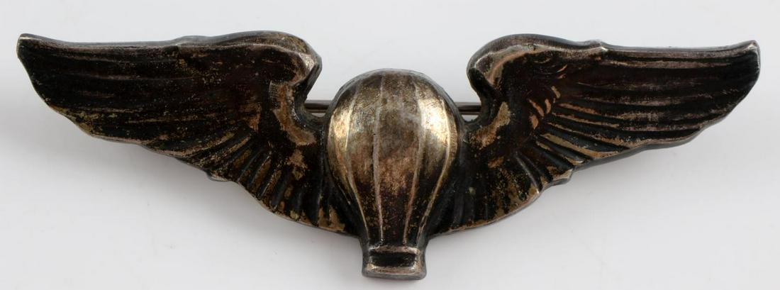 WWII STERLING BALLOON PILOT OBSERVER WINGS: Stamped sterling below right reverse pin, 3 inches, 180 degree pin lie, very good original condition.