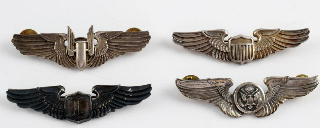 WWII LIAISON CREW AIR GUNNER STERLING PILOT WING: All 3 inch sets, LGB maker sterling 90 degree lie pin back Liaison and pilot wings, non sterling clutch back air crew, sterling stamped clutch back Aerial Gunner