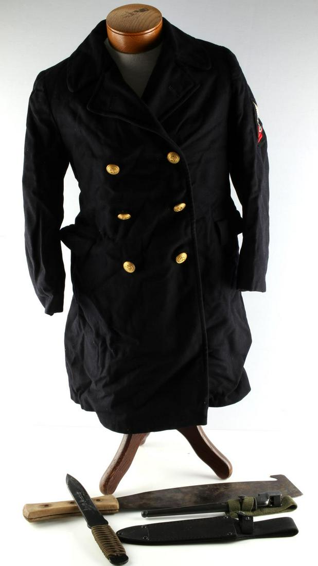 4 WWII US NAVY PEA COAT BAYONET KNIFE MACHETE: Blue wool pea coat with gold buttons, red lining, and a boatswain patch. Size small. Other items include no. 4 MK II spike bayonet, a cold steel throwing knife, and a Corona machete. Measurements rang