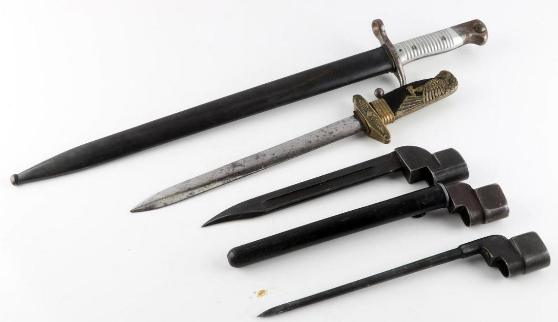 LOT OF 5 SPIKE KABAR BAYONET WITH FANTASY DAGGER: Lot includes 2 spike bayonets, a kabar bayonet, a fantasy dagger and a German Mauser model 1891 bayonet. Marked but number has been filed off. Measurements range 10 - 21 inches. Good condition.