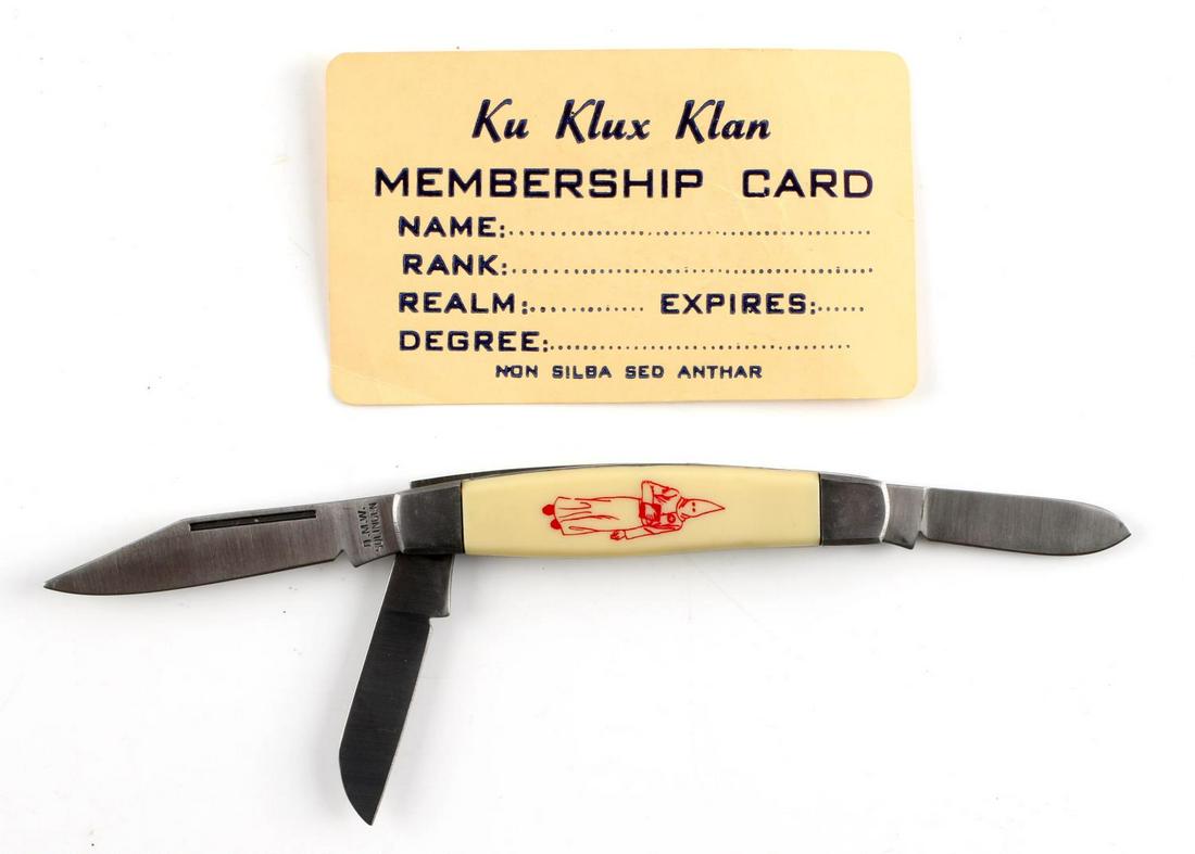 1960S ERA KKK POCKET KNIFE WITH MEMBERSHIP CARD: KKK 3 bladed pocket knife with membership card. Pocket knife features celluloid grip with 1 clip point blade and 2 wharncliff blades. Measures 5 1/2 inches open. Blade marked BMW Solingen. Good condit