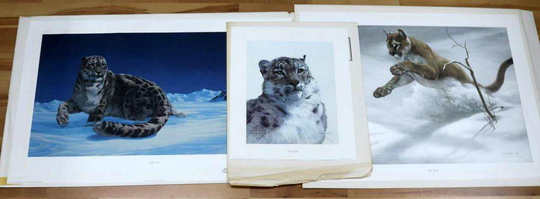 3 SKIRKA WILDLIFE BIG CATS LE SIGNED LITHOGRAPHS: Peter Skirka (1936-2008) American, Wildlife Artist-Illustrator. Lot of 3 snow leopards and cougar in snow. Title: "Night Quest." Limited Edition 102/483, double signed (hand and in plate) lithograph. 