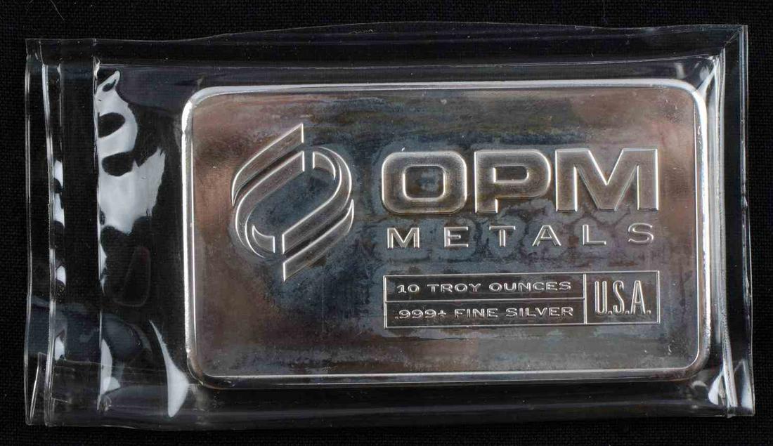 10 TROY OZ FINE SILVER BULLION BAR: OPM metals U.S.A. 10 troy ounce .999 fine silver bullion bar