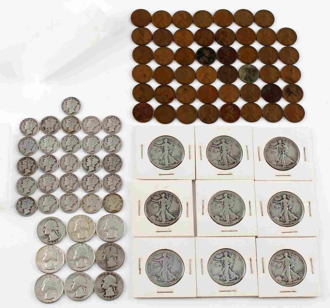 90% SILVER US COIN DIME QUARTER HALF & WHEAT PENNY: Lot of Early 20th Century American coinage includes: 26 Mercury dimes, 9 Washington quarters, 9 Walking Liberty half dollars, 47 Wheat pennies. Unsearched various conditions and dates.