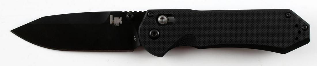 BENCHMADE HK 14715 AXIS FOLDER POCKET KNIFE: Benchmade HK 14715 Axis Folder pocket knife. "HK 14715" marked on the blade. Measures approximately 5 inches closed. Comes with a pocket knife case. Very fine condition.