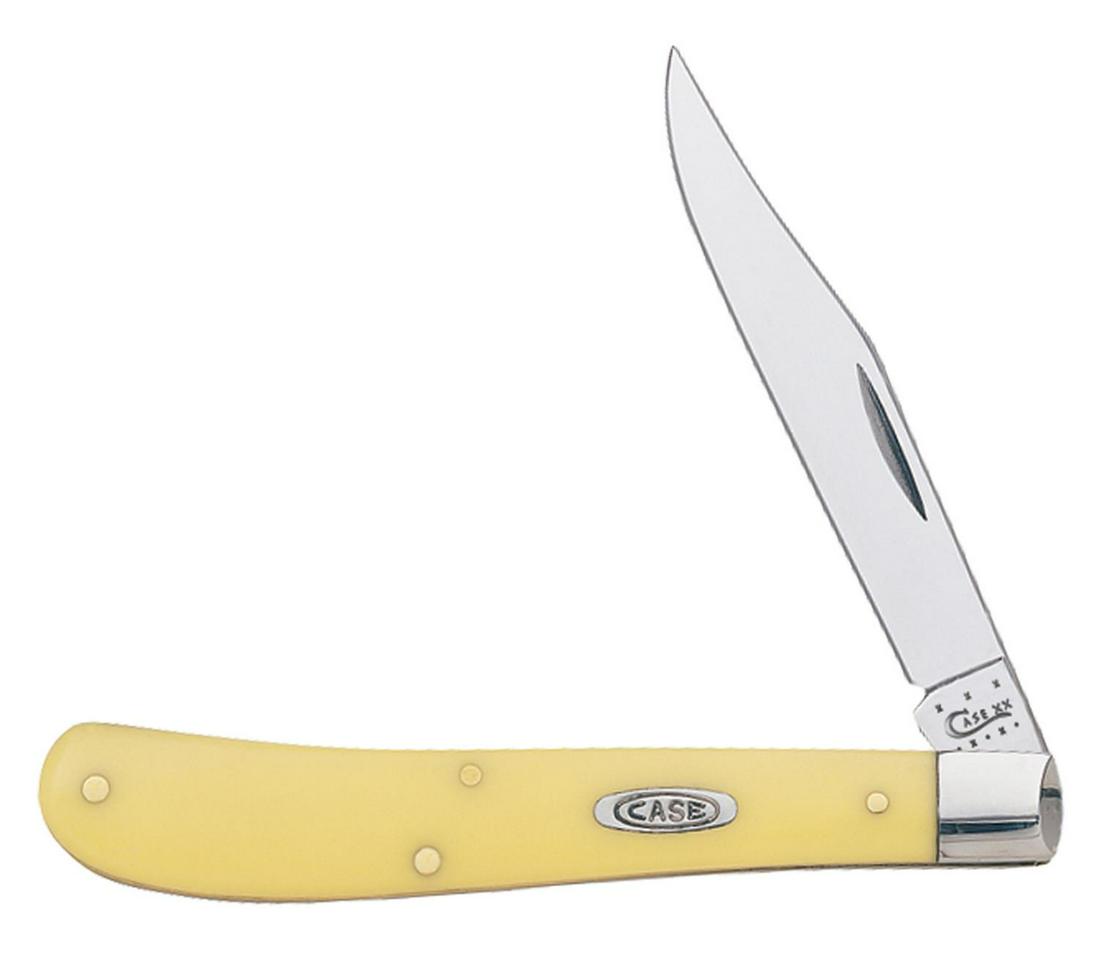 CASE YELLOW SYNTHETIC SLIMLINE TRAPPER 80031: Clip blade 4 in. (10.5 cm) closed, 2.3 oz (65.2 g). Distinctive yellow handle brightens this knife while maintaining its toughness, making it one of the most beloved in the Case line.