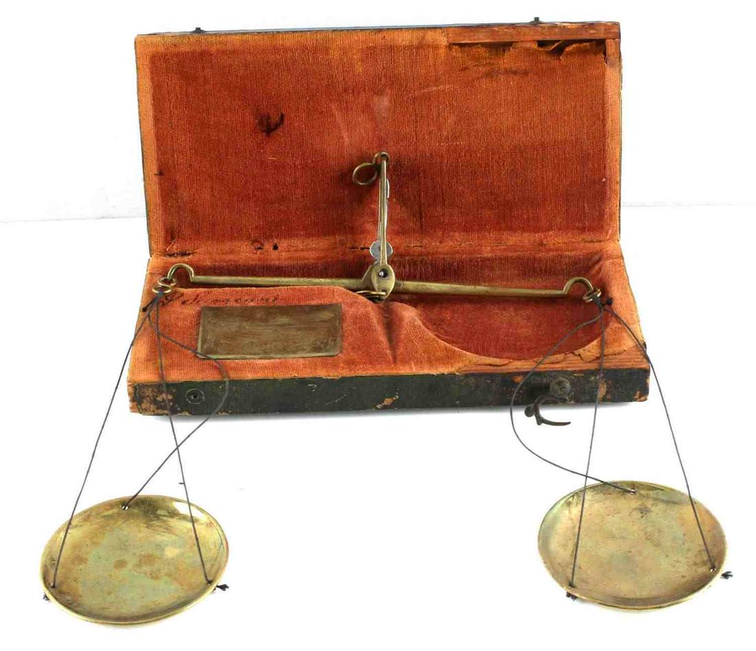 ANTIQUE 19TH CENTURY GOLD MINING BALANCE SCALE: With original wood box, scale with weights in a separate compartment, box measures 3 by 7 inches.