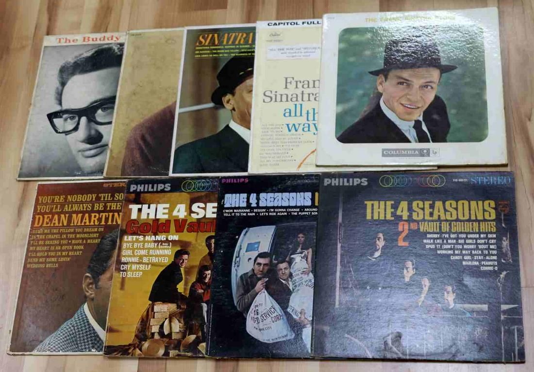 9 ASSORTED SINATRA HOLLY MARTIN 4 SEASONS VINYLS: Lot of 9 assorted Frank Sinatra, Buddy Holly, Dean Martin and The 4 Seasons vinyls. The Buddy Holly Story, Buddy Holly, Sinatra Sings of Love and Things, Frank Sinatra All the Way, The Frank Sinatra S