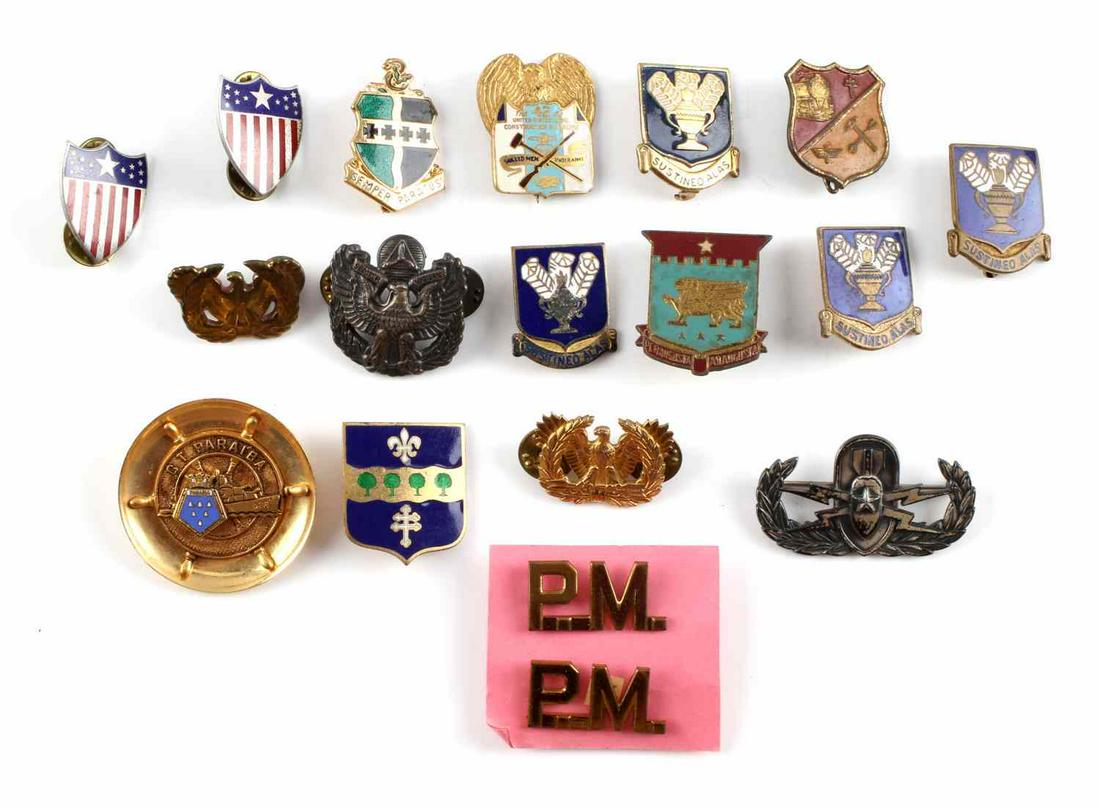 STERLING EOD CAP DUI CT PARIABA INSIGNIA BADGE LOT: Includes Vietnam Hayward sterling EOD badge, Brazil Destroyer pin, CAP sterling badge, AG, Seabees and technical DUI insignia and collar title
