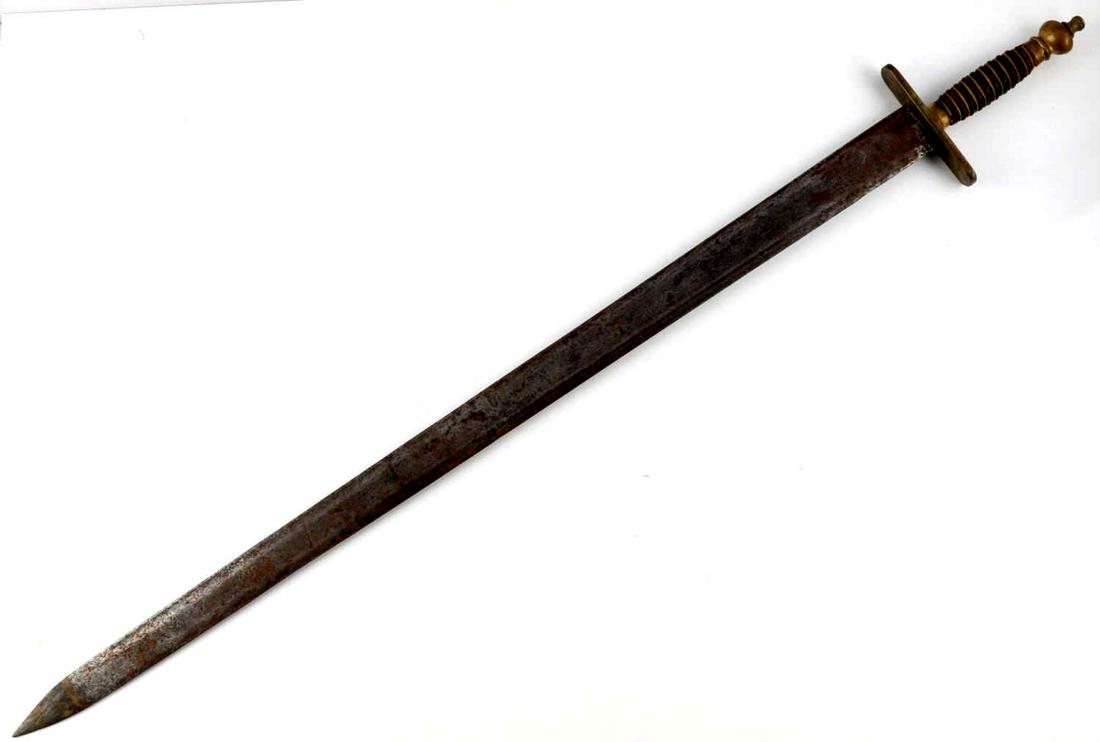 20 CENTURY LONG SWORD STAGE REPRODUCTION: 20th century stage reproduction of a longsword measuring 39 3/8 inches long in total. Blade in good condition, some surface oxidation intermittent. Was likely a stage prop or similar