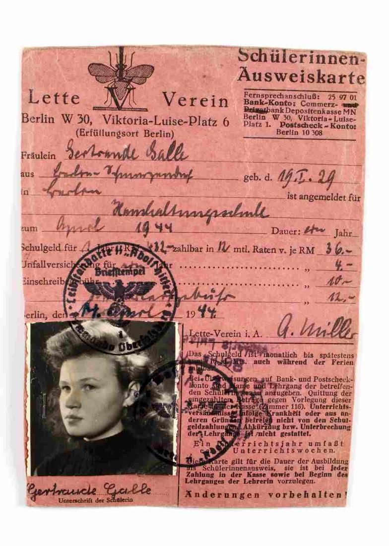 WWII GERMAN THIRD REICH SCHOOLGIRL AUSWEIS ID CARD: WWII German school girl ID card. Photo of school girl to bottom left. ID issue in 1944. Stamped and signed. 6 X 4 1/4 inches. Unauthenticated, sold as is.