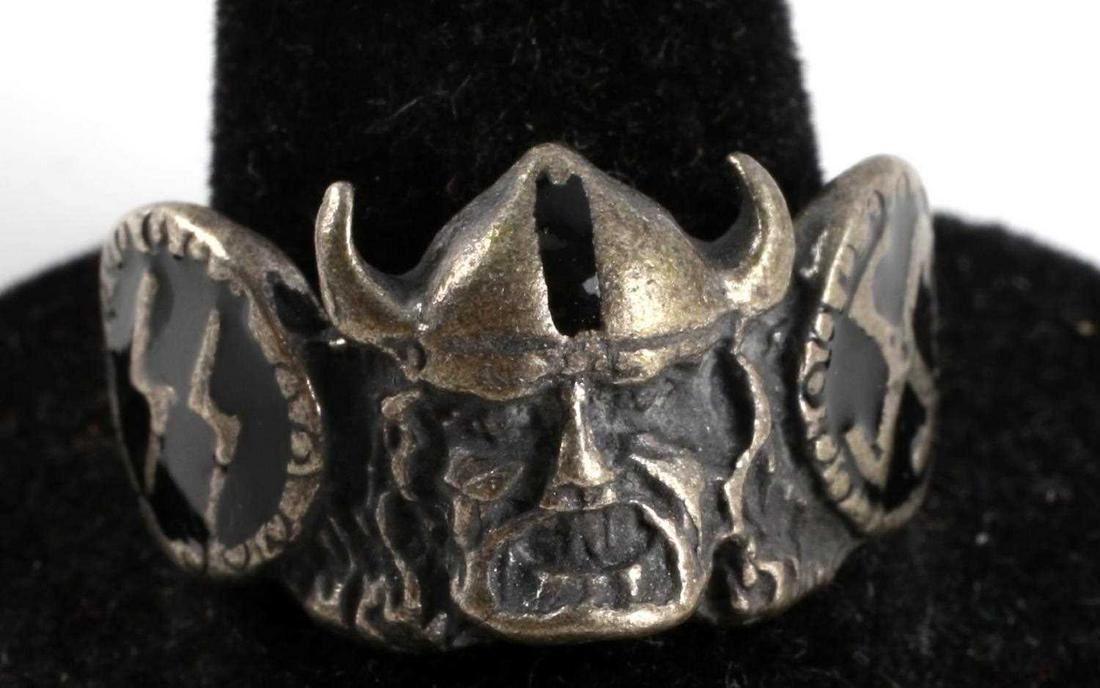 WWII GERMAN THIRD REICH SILVER SS VIKING RING: Third Reich SS Viking ring. Marked 800 and tests appropriately. Size 11.5. 6.8 grams. Unauthenticated, sold as is. This lot has a reserve.
