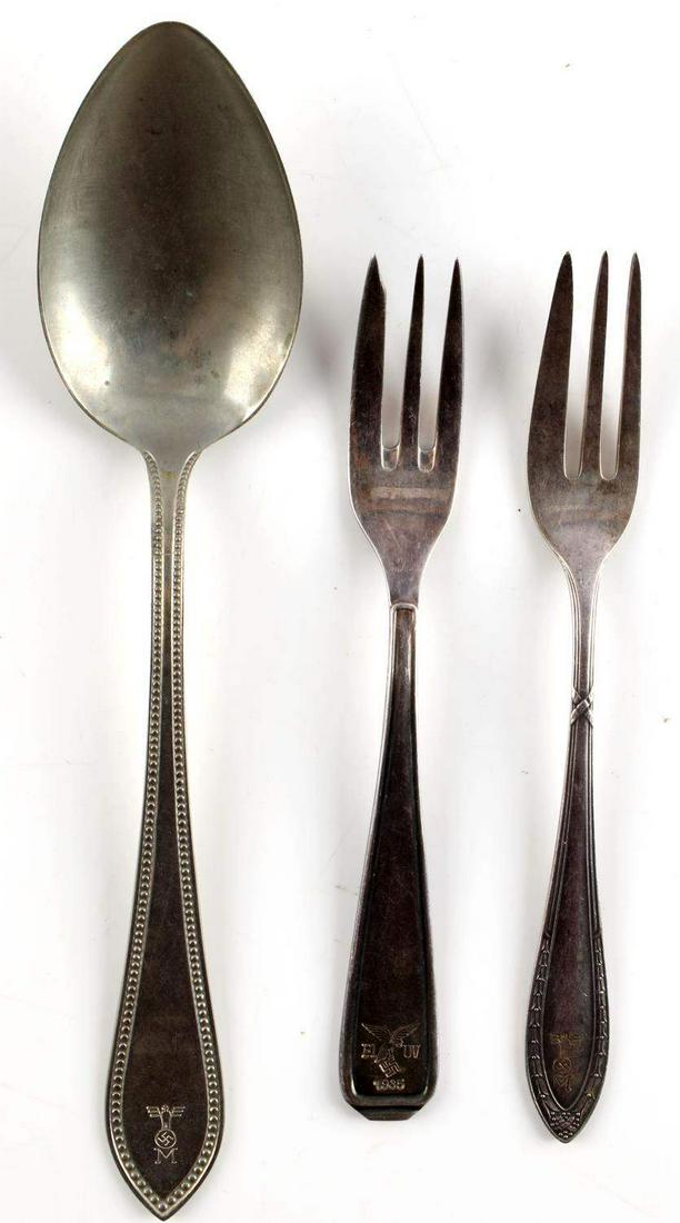 3 WWII GERMAN THIRD REICH SILVER SPOON AND FORKS: 3 Third Reich spoon and forks. Marked "alpacca" on 2 of the utensils and does not test for silver. WB100 marked to other tests for silver. Measure 6 1/8 inches. Good condition.