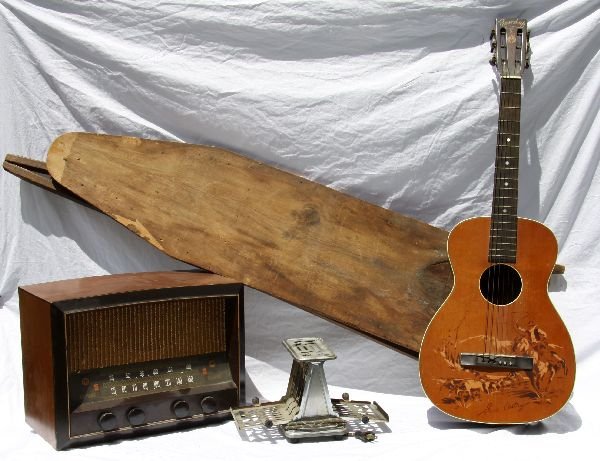 GENE AUTRY GUITAR & ANTIQUE ITEM LOT: A wonderful collection of antique household items, including: a 1935 Supertone Gene Autry stenciled cowboy guitar s#13411 with open headstock, 14 fret neck, spruce top, and birch sides and back, an un