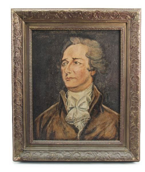 CANVAS PORTRAIT OF ALEXANDER HAMILTON: 1860 painted portrait of Alexander Hamilton, painted by artist Edward Fisher. Inspired by the famous 1806 painting by John Trumbull. Painting is on canvas measuring approximately 21"H by 17"W. Frame i