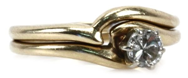 LADIES 14K GOLD DIAMOND SOLITAIRE WEDDING SET: 3/8 ct diamond solitaire engagement ring with wedding band. Diamond is approximately I-1 to I-2 in clarity and H-J in color. . Size: 8 . Weight: 5.04g . Condition: Very good
