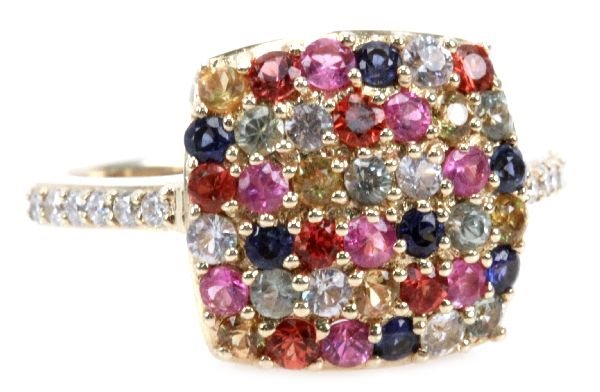 LADIES 14K GOLD RING MIXED SEMI PRECIOUS STONES: Pave set diamonds, sapphires, topaz, spinel, and more. . Size: 6.25 . Weight: 4.03g . Condition: Very good