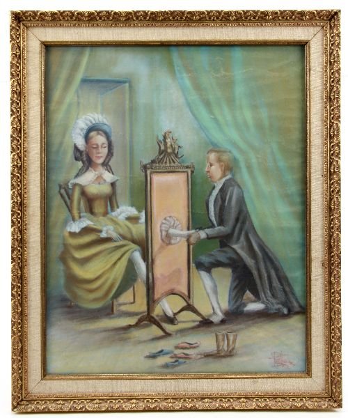 FRAMED CHARCOAL OF SHOE SALESMAN AND LADY: Signed "S Peterson" in the lower right hand corner. Overall dimensions 10 by 23 inches. Subject matter is a lady client being served by a man through a screen so he can only see her foot. In a newer f