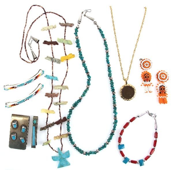 MIXED STONE & BEADED NAVAJO JEWELRY LOT: Includes: a multi-stone and shell necklaces with carved animal figures, a turquoise necklace, a size 8 red coral and turquoise bracelet,(2) turquoise money clips, (2) beaded hair clips, a 1906 Indian 