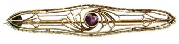 ANTIQUE LADIES 14K GOLD & AMETHYST ART DECO PIN: ANTIQUE LADIES 14K GOLD & AMETHYST ART DECO PIN Size:2x0.5 inches Weight:4g Condition:Very good