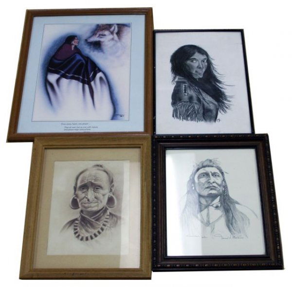 4 NATIVE AMERICAN PRINTS SKETCHES ROBERT REDBIRD: 4 NATIVE AMERICAN PRINTS SKETCHES ROBERT REDBIRD Lot of 4 pieces of Native American art to include: 17 x 14 inch illegibly signed print of Chief Thunderhawk; 18 x 14 original sketch of a Native Americ