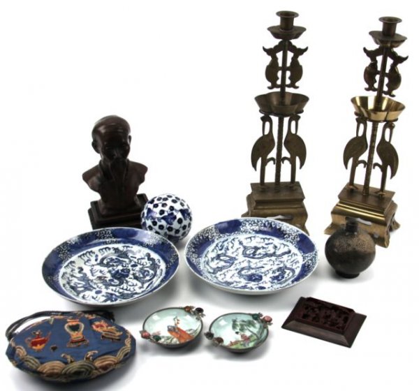 ASIAN PORCELAIN BRASS AND POTTERY LOT: ASIAN PORCELAIN BRASS AND POTTERY LOT Included are a pair of brass candlesticks with cranes and koy 17inches tall, a pair of very old dragon bowls (with chips and cracks), a ladies embroidered clutch,