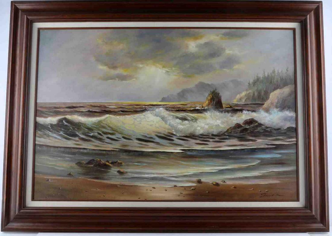 STEWART MAUS AMERICAN SCHOOL 20TH CENTURY OIL: Oil on canvas , signed lower right and reverse and work named "Oregon Coast Sunset" 44 by 32 inches framed, painting 36 by 24 inches, very good original condition