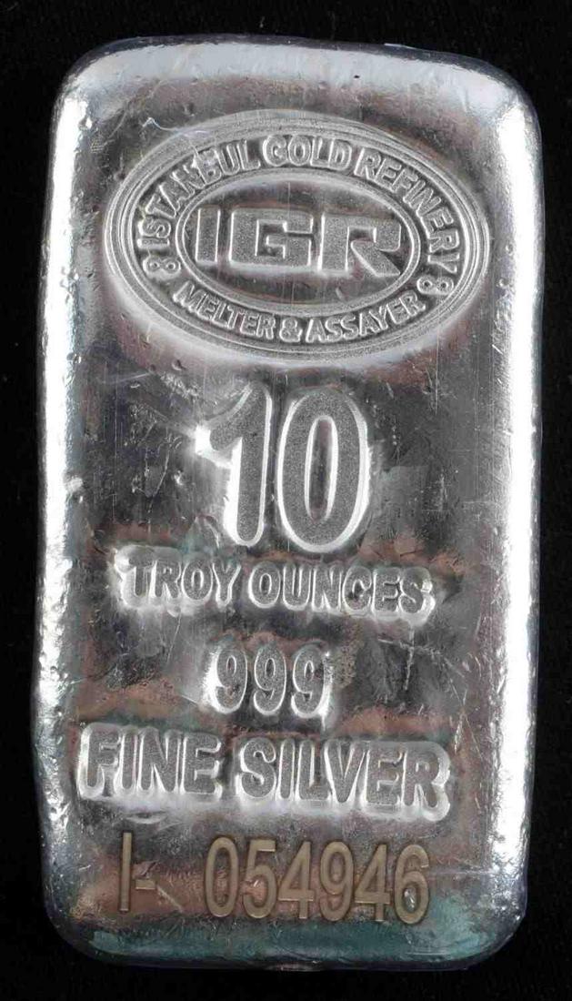 10 TROY OZ 999 FINE SILVER BULLION BAR: IGR- Istanbul Gold Refinery- 10 troy ounces 999 silver sealed with serial # I-054946