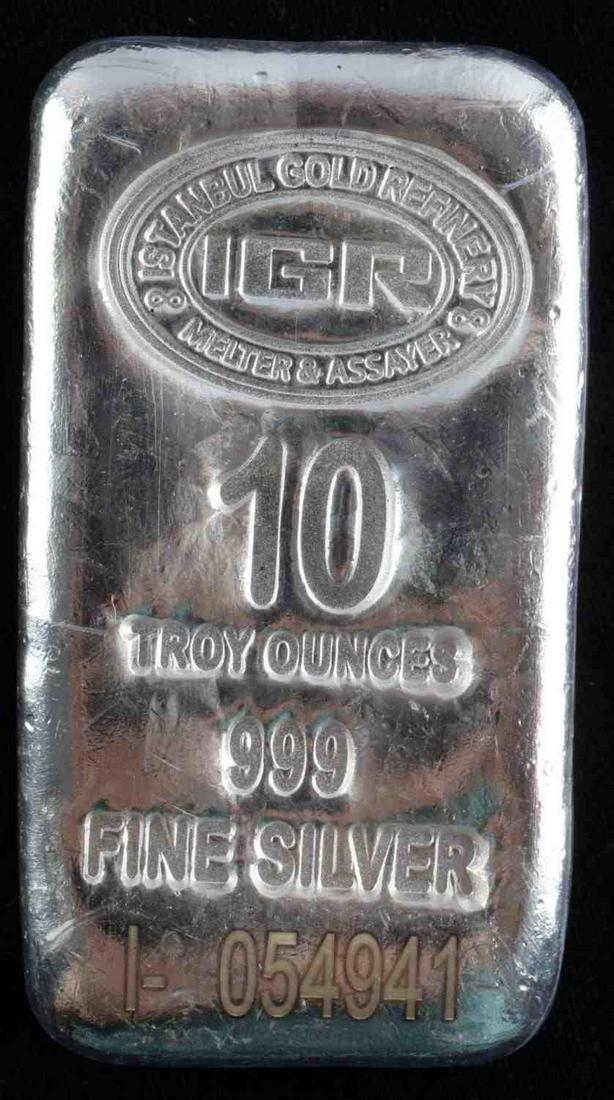 10 TROY OZ 999 FINE SILVER BULLION BAR: IGR- Istanbul Gold Refinery- 10 troy ounces 999 silver sealed with serial # I-054941