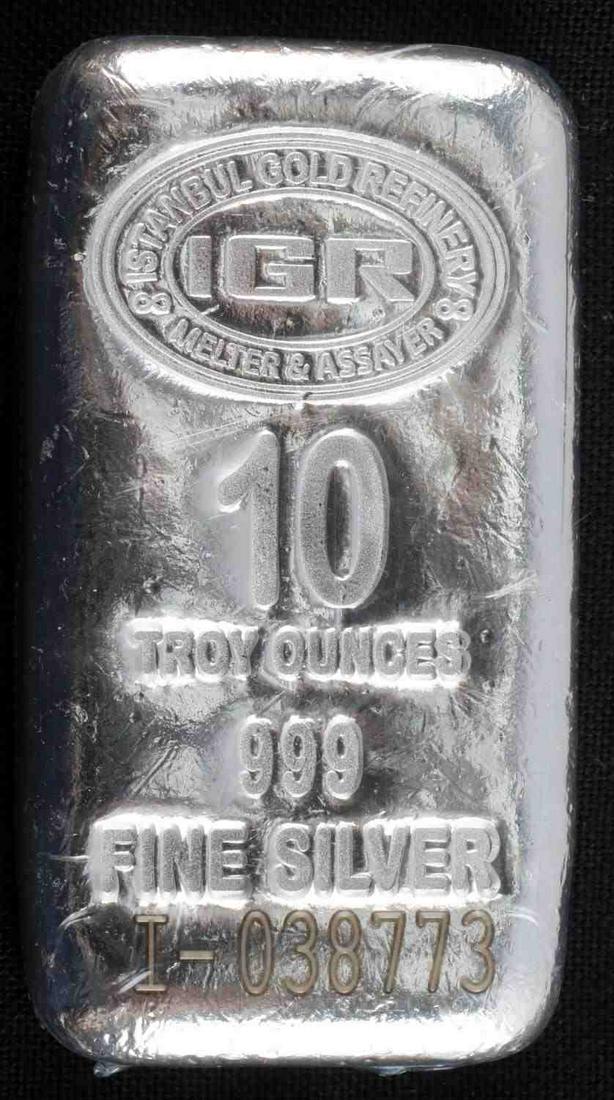 10 OZ .999 FINE SILVER BULLION BAR INGOT IGR: 10 OZT Troy ounce S/N I-038773