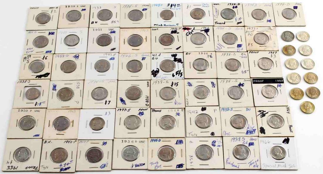 60 JEFFERSON NICKEL LOT 1938 SILVER PROOF BU: Includes all BU 9 1938 s, 6 1938n d including a superb rainbow toned, 2 1938 P, 1 1949 s BU, 5 1944 d, BU war nickels, 1 1945 s and 5 1945 P, all BU, 3 Errors line 8 clip and an obverse, 11 proof, 195