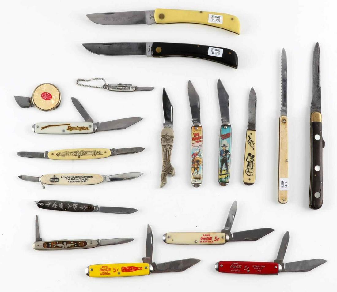 18 POCKET KNIFE LOT COKE NEHI CASE MICKEY MOUSE: Great variety to include 2 case Sod buster 3138 and 2138, 3 5 cent Coca Cola including 1933 Worlds Fair USA stamped very good blades, Imperial Mickey Mouse, USA stamped Remington, USA Hopalong Cassidy