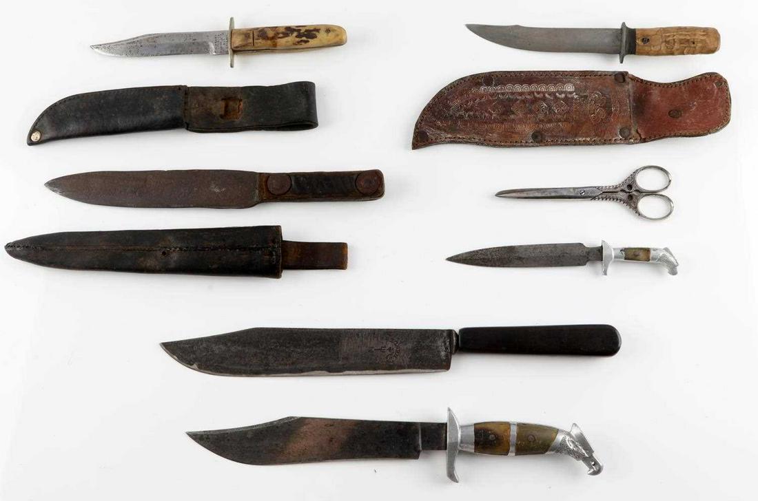 LOT OF BOWIE MOUNTAIN MAN HERDER SPENCER KNIFE LOT: Collection of 6 blades, Eagle head pommel Bowie 13 inch, Mexican boot dirk7 inch, grip loss, 14 inch herder Bowie, 18th century Mountain Man straight with leather scabbard, 13 inch, Hibbert Spencver e