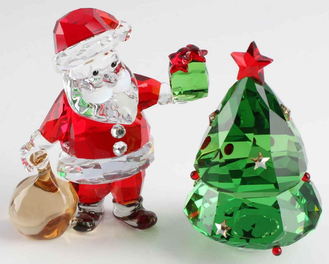 SWAROVSKI SANTA CLAUS & CHRISTMAS TREE: Santa and green with red star Christmas tree, 3 and 3 1/4 inches.