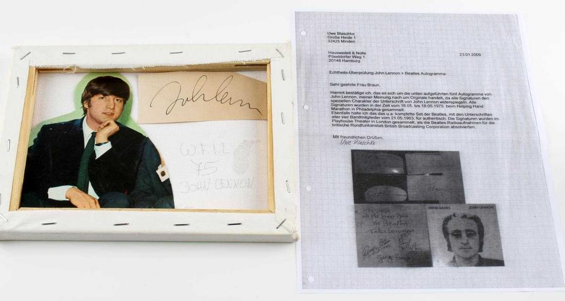 1975 JOHN LENNON AUTOGRAPHED CLIP OF PAPER: 1975 signed clip of paper by John Lennon from WFIL Helping Hand Marathon in Philadelphia. Sign in red pen. From the Uwe Blaschke collection. Paperwork included. 4 1/4 X 2 inches.