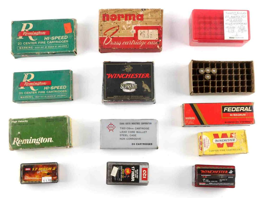 319 ROUNDS OF HARD TO FIND CALIBER AMMUNITION: As follows, 20, 30-30. 24, .44 magnum, 20. .223, 67. 7.62x39, 59, .30 carbine, 8, 12 Ga. 5 shot, 47, CCI 17 Mach II, 62, CCI Winchester 17 HMR, 12, 6.5 Norma.