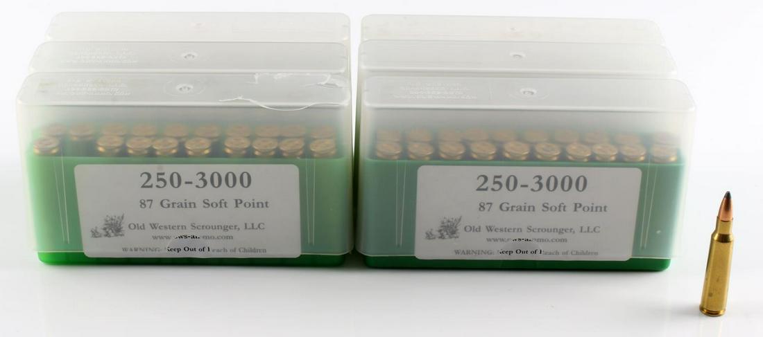 120 ROUNDS OF JAMISON BRASS .250 SAVAGE AMMUNTION: 120 rounds of Jamison Brass & Ammunition .250 Savage rifle ammunition. 87 grain, soft point. 6 cases with 20 rounds in them each.