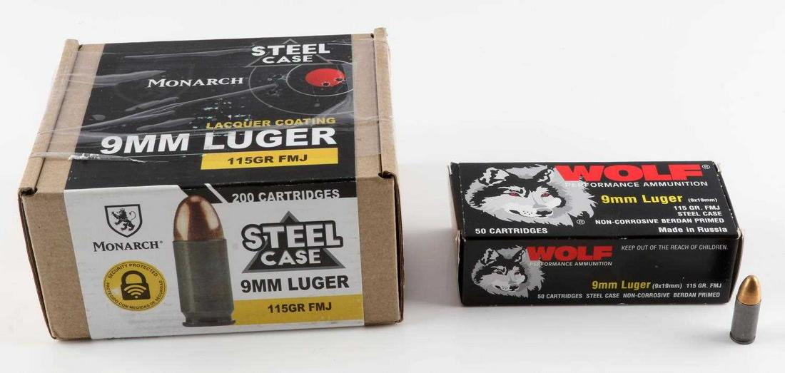 250 ROUNDS OF MONARCH & WOLF 9MM LUGER AMMUNITION: 250 rounds of Monarch and Wolf 9mm Luger ammunition. 50 round box of Wolf and 100 rounds box of Monarch ammunition. New in box.